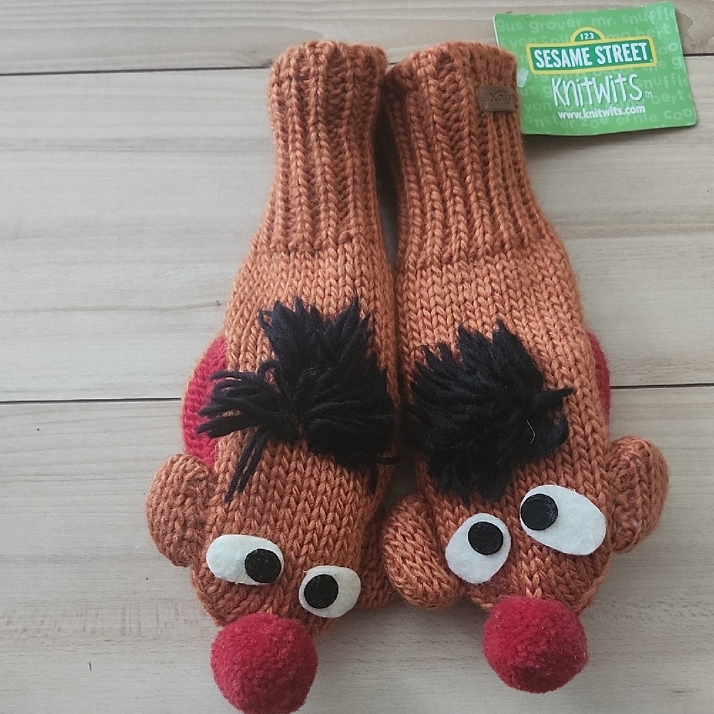 Sesame Street Ernie Knitwits Mittens - Brown and Red Handmade